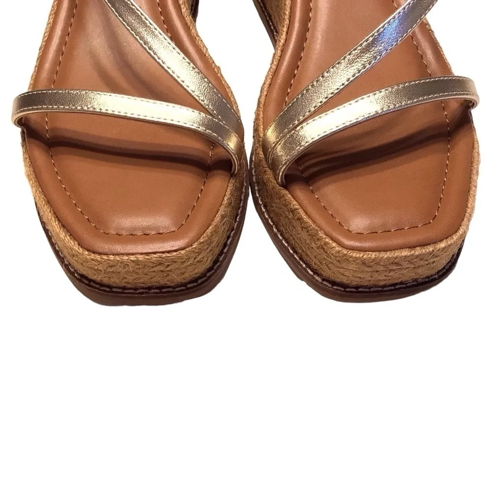Chicos Shoes Women's Sz 9 Gold Carlina Wedge Espadrille Sandals Leather Boho NEW